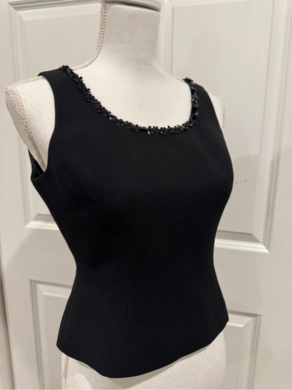 Elegant Black Beaded Neckline Blouse by Kasper Petite Size 2P